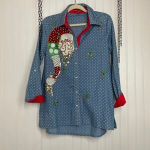Jack b. quick Women’s Blue Polka Dot Sequined Holiday Button Blouse Size S